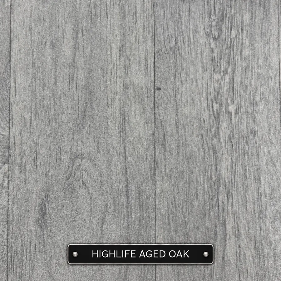 Highlife Aged Oak sheet vinyl sample in light grey: pale oak-effect planks with subtle grain