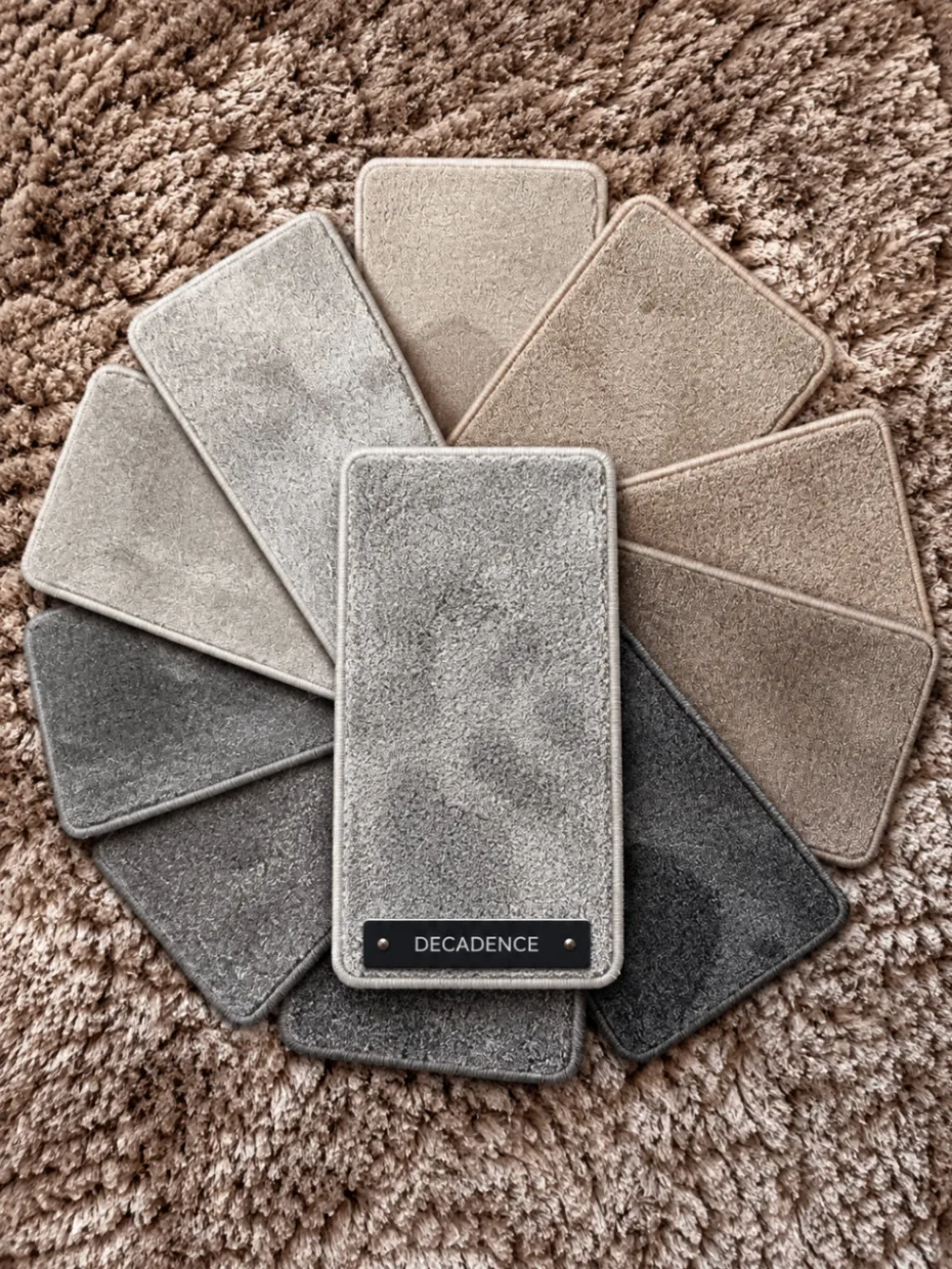 Decadence carpet samples with a smooth velvet-style finish in silver, greys, stone and warm beige