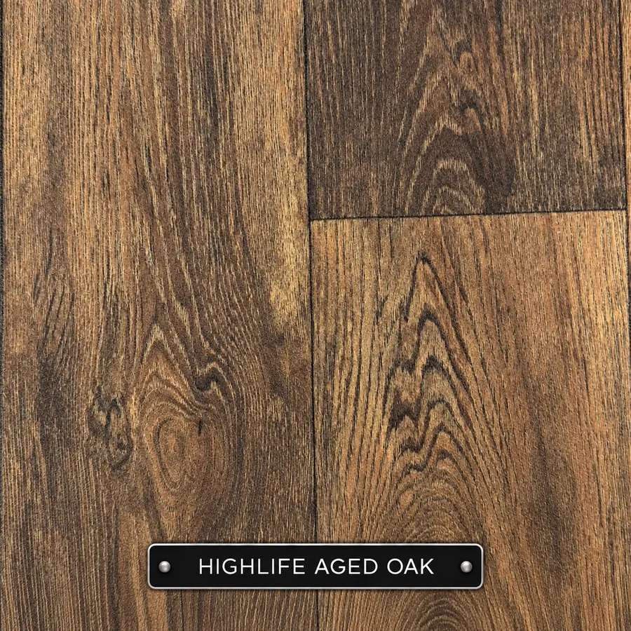 Highlife Aged Oak sheet vinyl sample in brown: rich oak-effect planks with darker grain