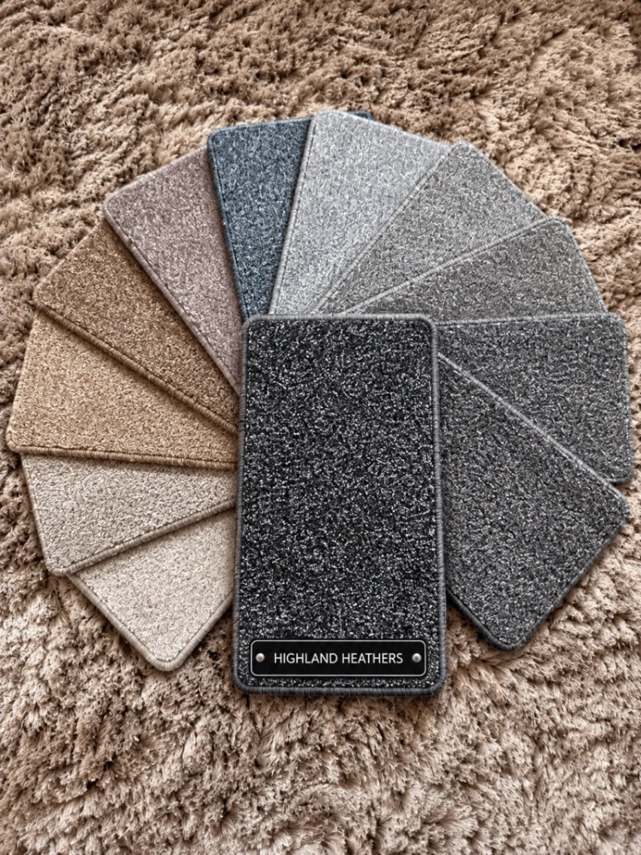 Highland Heathers carpet samples fanned out, from charcoal and greys to blue, mauve and warm beige heather tones