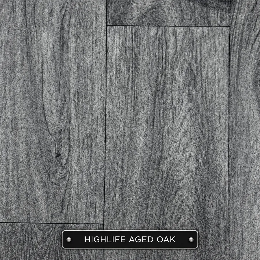 Highlife Aged Oak sheet vinyl sample in dark grey: rustic oak-effect planks with strong grain