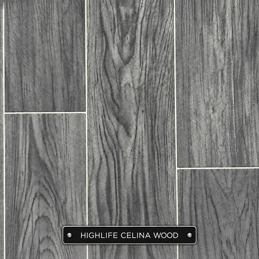 Highlife Celina Wood sheet vinyl sample: grey wood-effect planks with pronounced grain and pale plank outlines