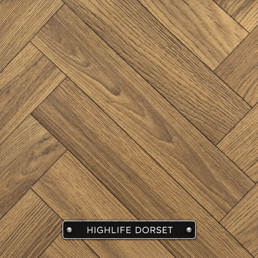 Highlife Dorset sheet vinyl sample in golden oak: warm wood effect in a herringbone pattern