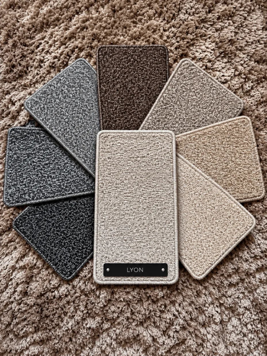 Lyon carpet samples with a tight textured loop look in oatmeal, beige, brown, grey and charcoal