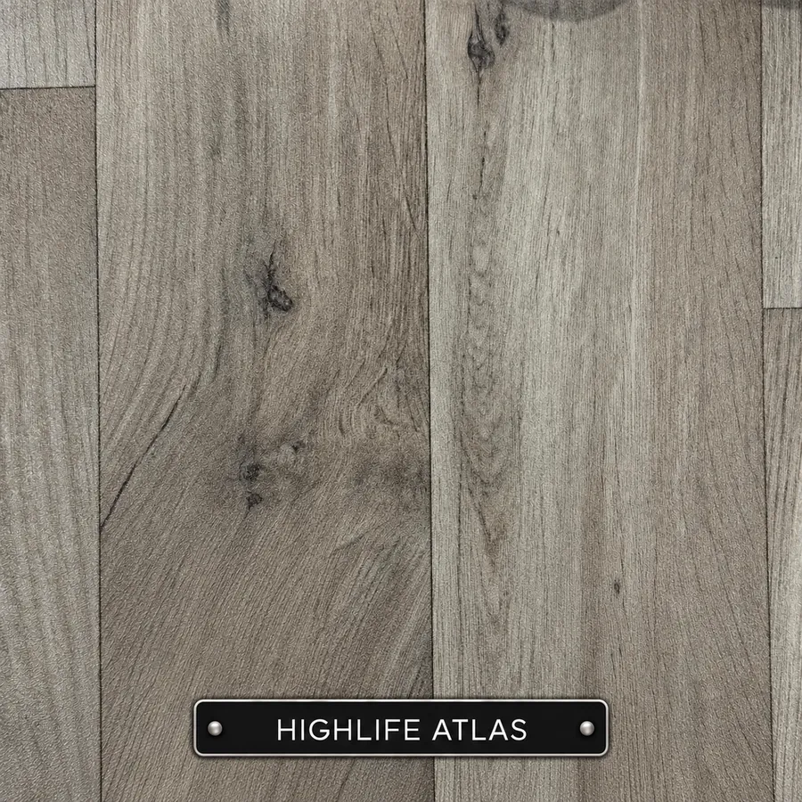 Highlife Atlas sheet vinyl sample in grey: wood-effect planks with visible knots and varied shading