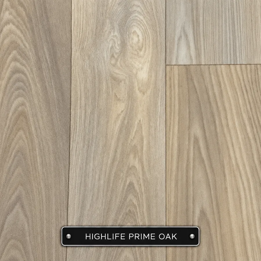 Highlife Prime Oak sheet vinyl sample: light beige oak-effect planks with subtle grain