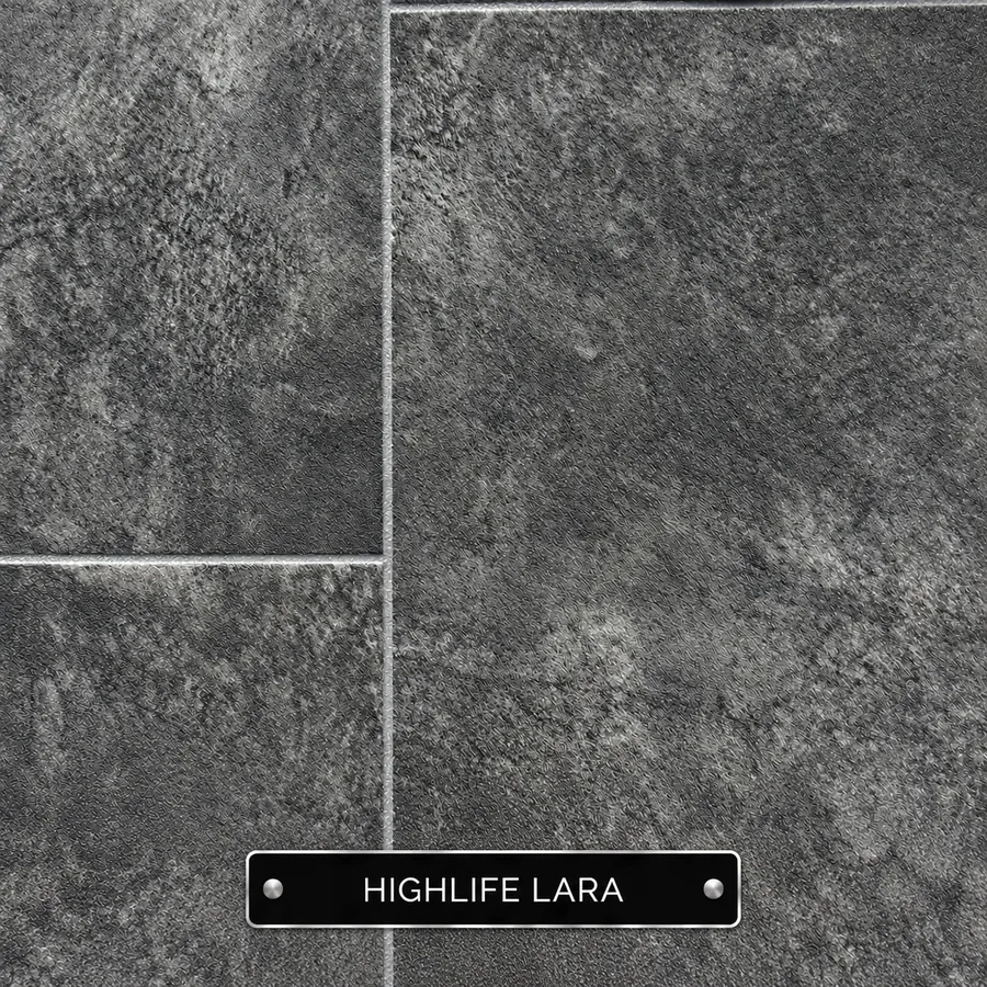 Highlife Lara sheet vinyl sample: dark charcoal stone-effect tiles with pale grout lines