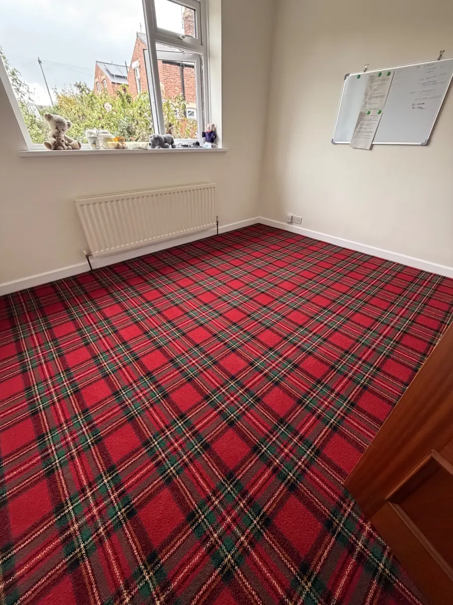 Red tartan Wilton carpet fitted in a Barnard Castle bedroom