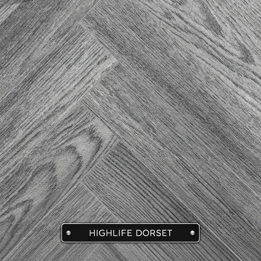 Highlife Dorset sheet vinyl sample in light grey: wood effect in a herringbone pattern