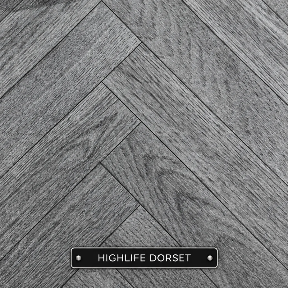 Highlife Dorset sheet vinyl sample in dark grey: wood effect with contrasting grain in a herringbone pattern