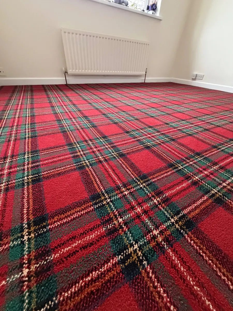 Close-up of red tartan Wilton bedroom carpet in Barnard Castle