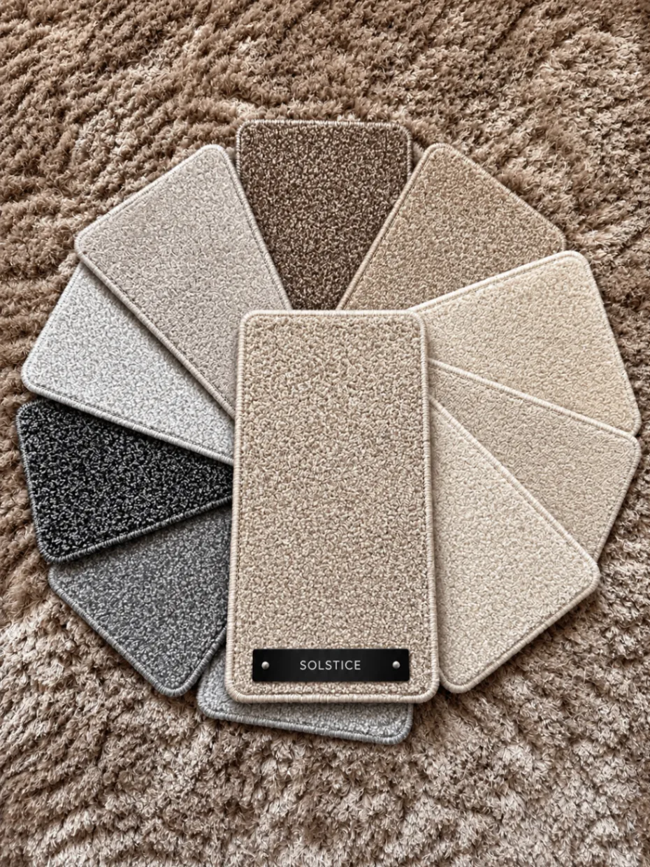 Solstice carpet samples arranged in a circle in latte, cream, mink, silver and charcoal