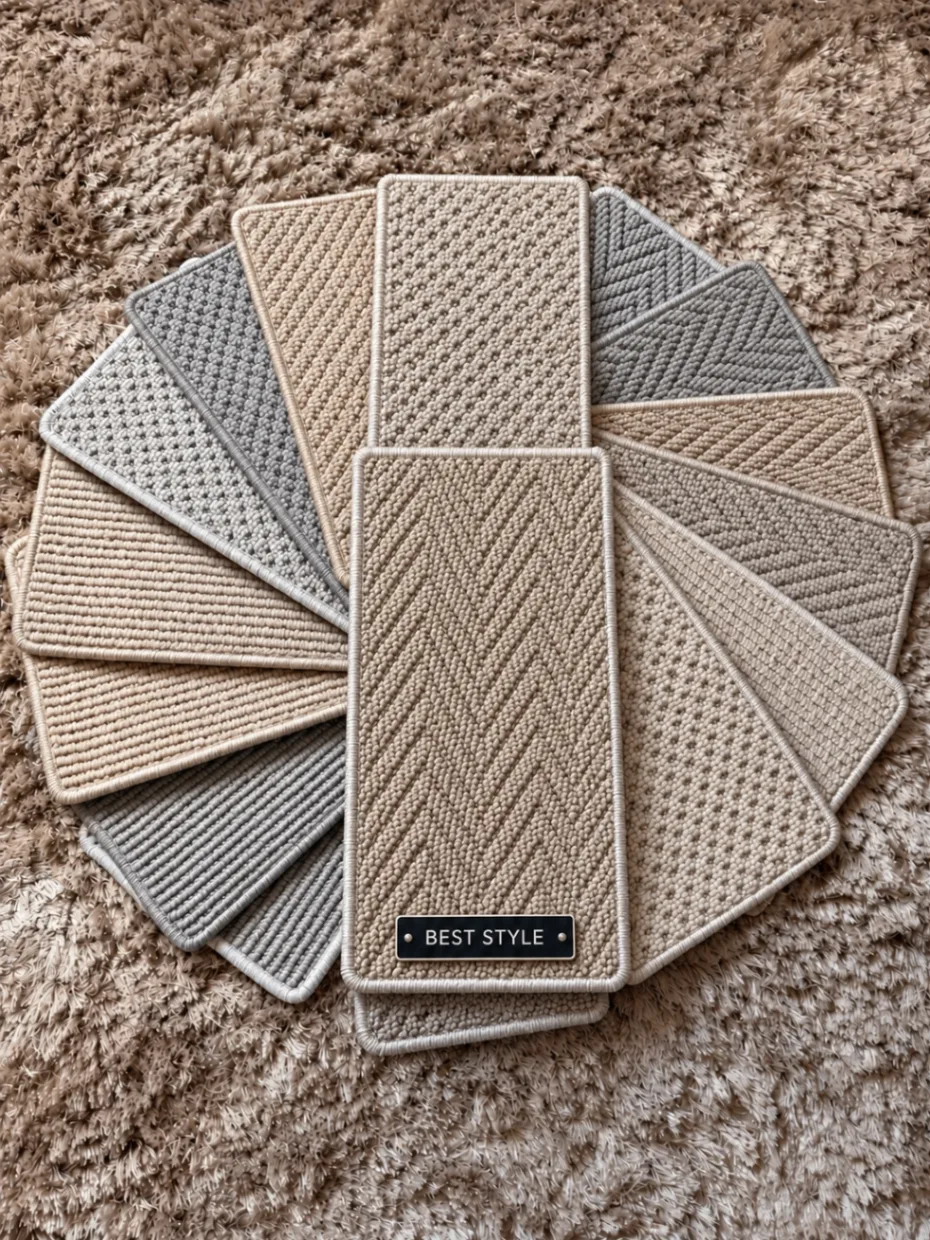 Best Style carpet samples showing herringbone, chevron and dotted woven patterns in beige, cream and grey