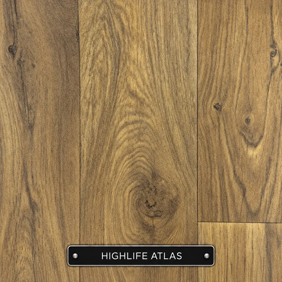 Highlife Atlas sheet vinyl sample in golden oak: warm golden-brown wood-effect planks with grain and knots