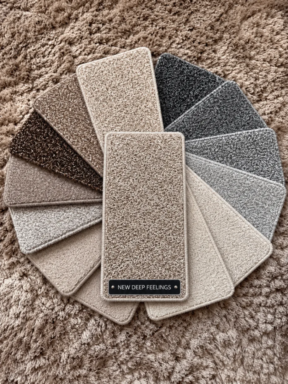 New Deep Feelings carpet samples in a fan of mocha, beige, cream, grey and charcoal shades