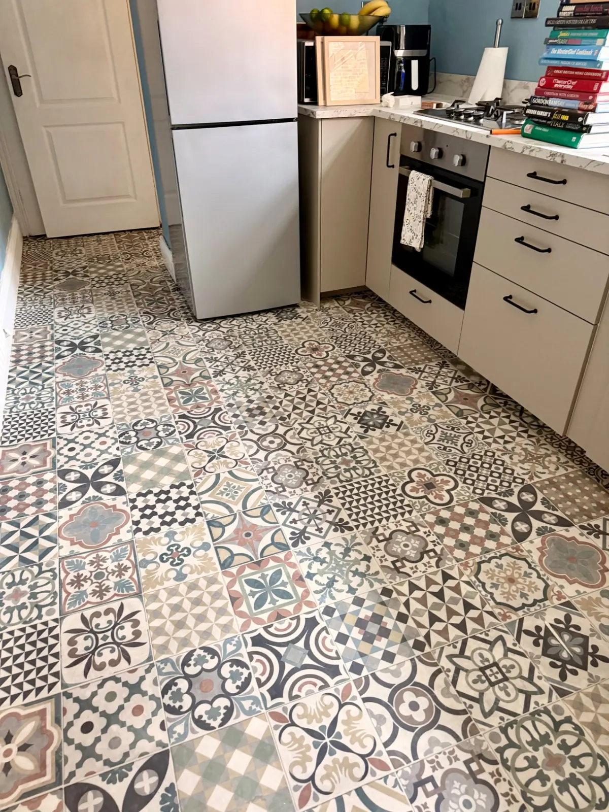 Patterned tile-effect vinyl flooring fitted in a Bishop Auckland kitchen