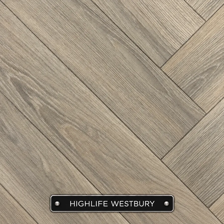 Highlife Westbury sheet vinyl sample: light greige wood effect in a herringbone pattern